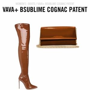 Steve Madden Vava Cognac Patent Leather Boots + BSublime Cognac Patent Clutch